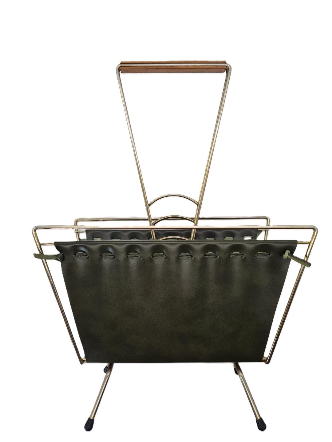 Magazine Rack Mid-Century Modern, silver chromed steel, brown wood, green vinyl, Germany, 1970s. - 364272