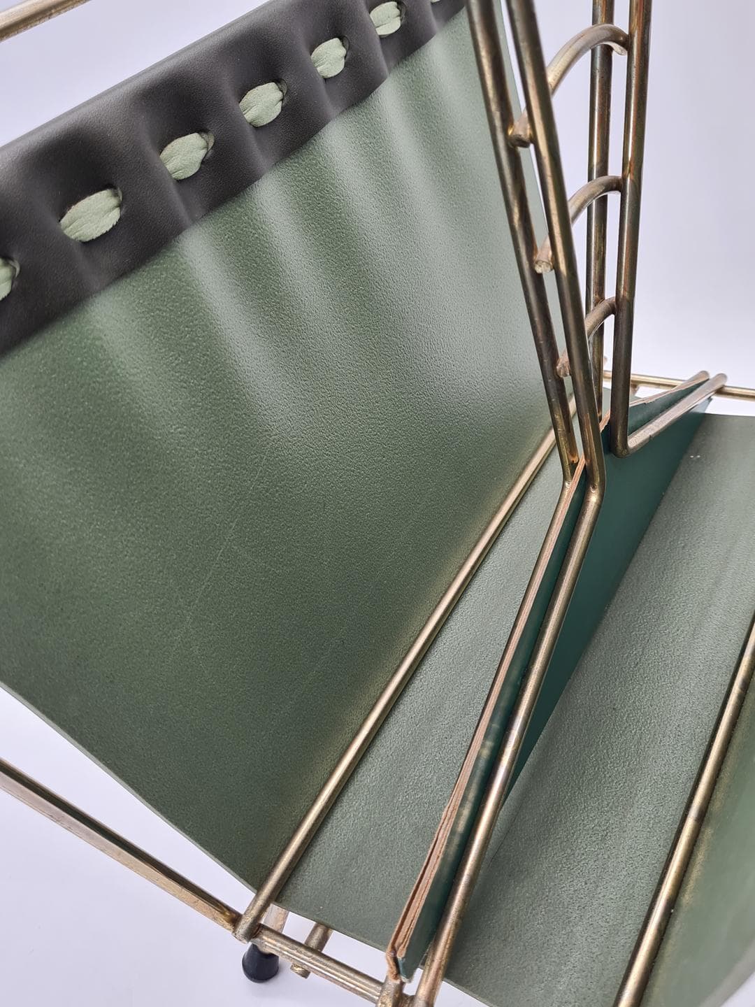 Magazine Rack Mid-Century Modern, silver chromed steel, brown wood, green vinyl, Germany, 1970s. - 364281