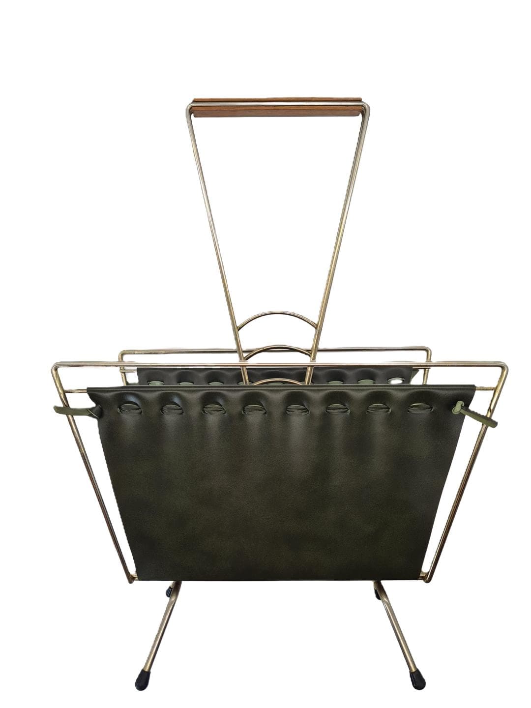 Magazine Rack Mid-Century Modern, silver chromed steel, brown wood, green vinyl, Germany, 1970s.