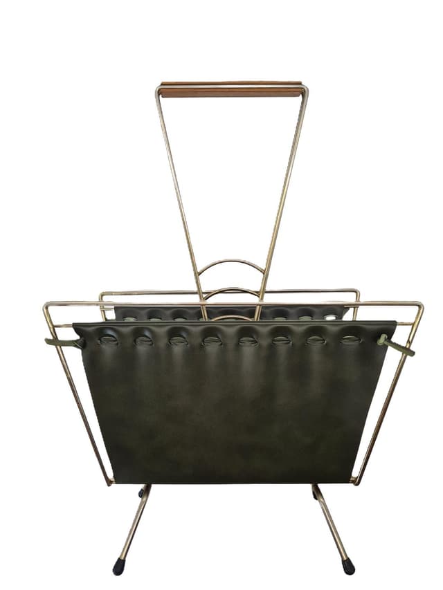 Magazine Rack Mid-Century Modern, silver chromed steel, brown wood, green vinyl, Germany, 1970s. - DIMENSION