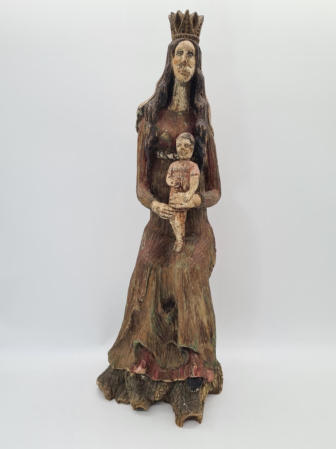 Sculpture Madonna and Child, brown polychrome, brown linden wood, Poland, 1930s. - 364293