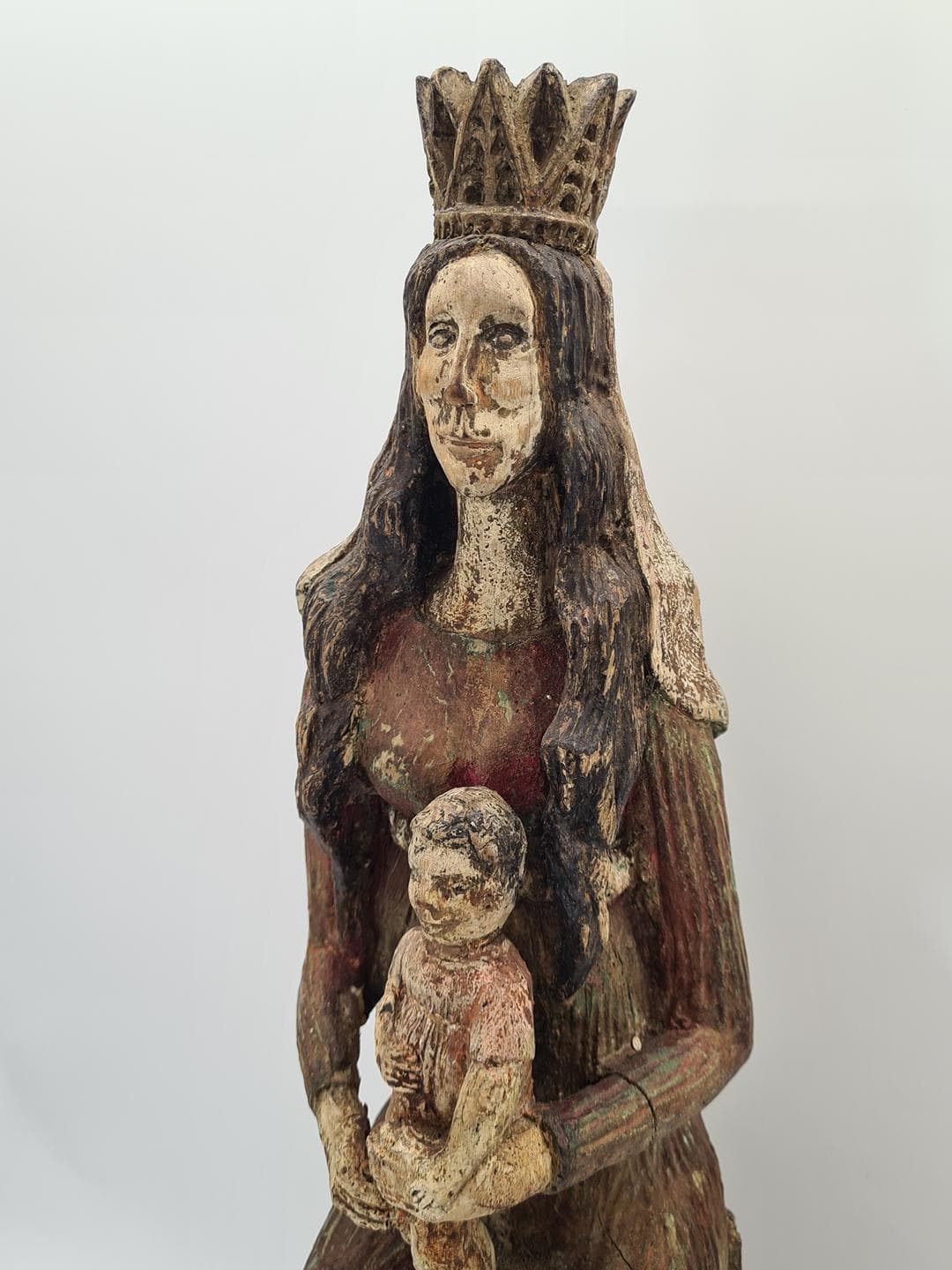 Sculpture Madonna and Child, brown polychrome, brown linden wood, Poland, 1930s. - 364297