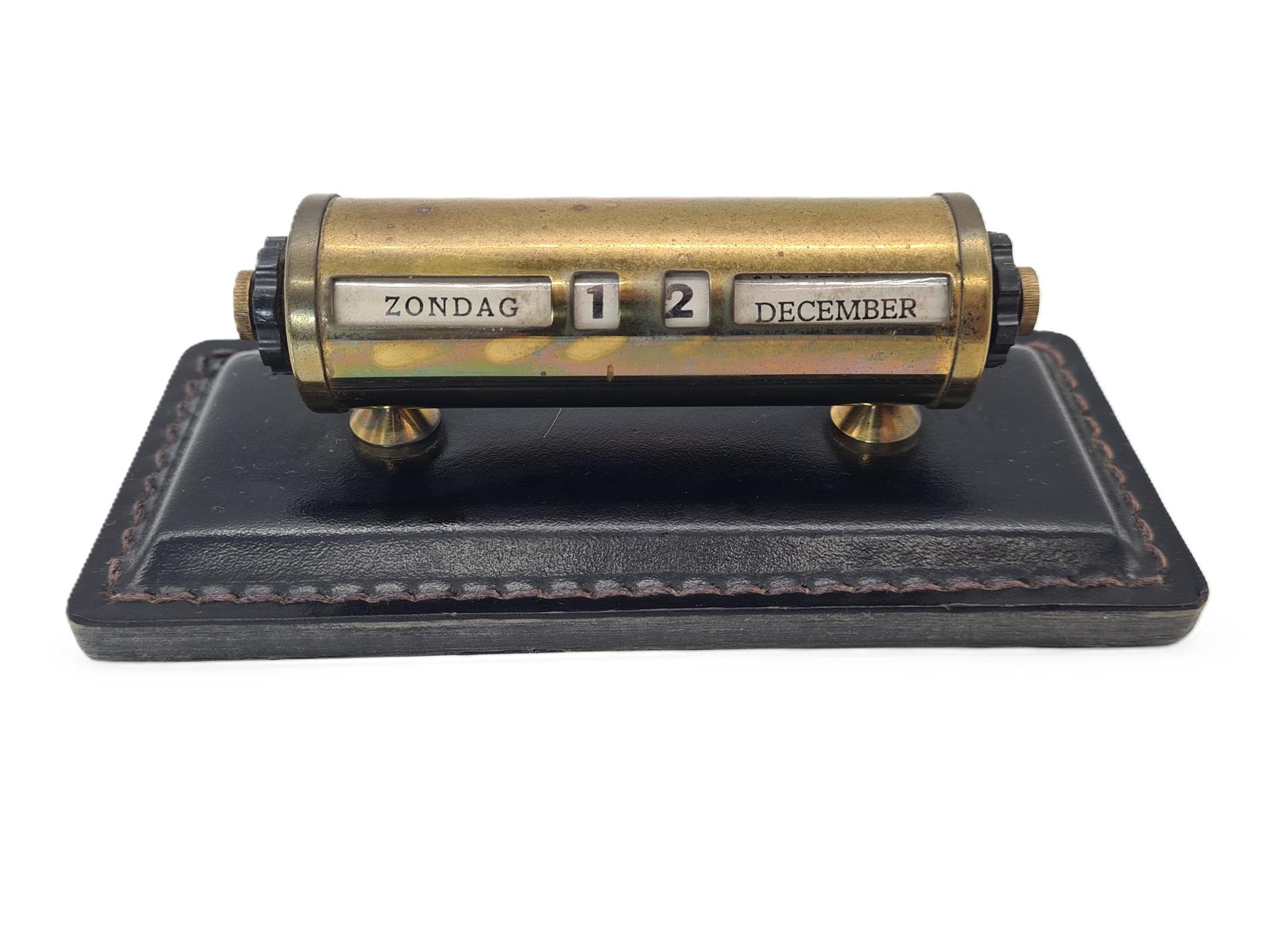 Perpetual Desk Calendar, gold brass, black leather, Netherlands, 1960s. - 364340