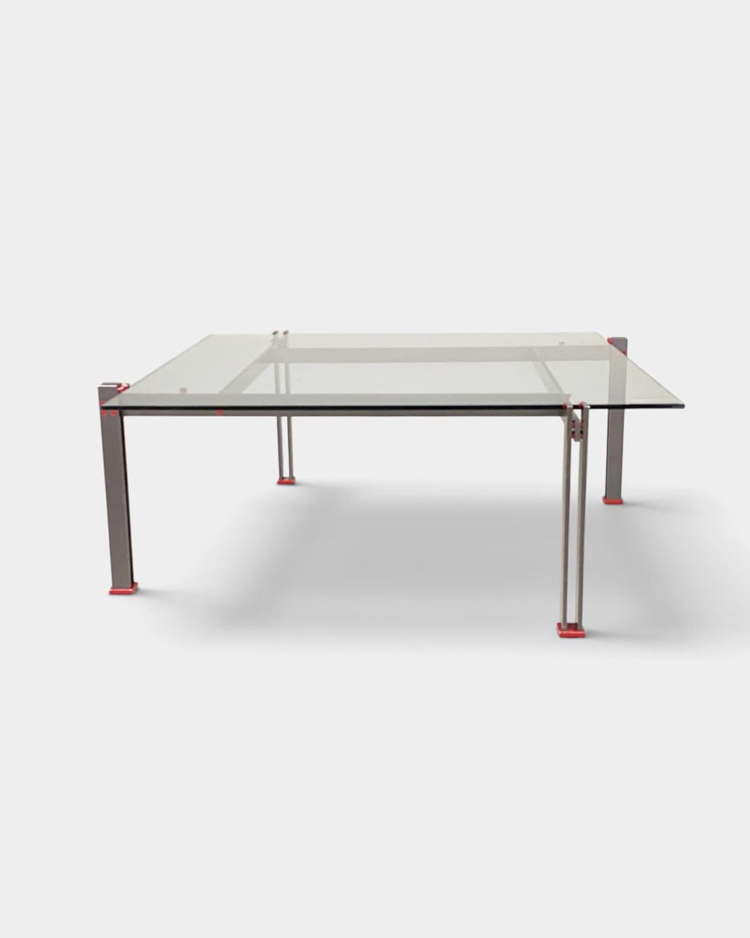 Coffee table Postmodern, transparent glass, grey red metal, Italy, 1980s. - 364422