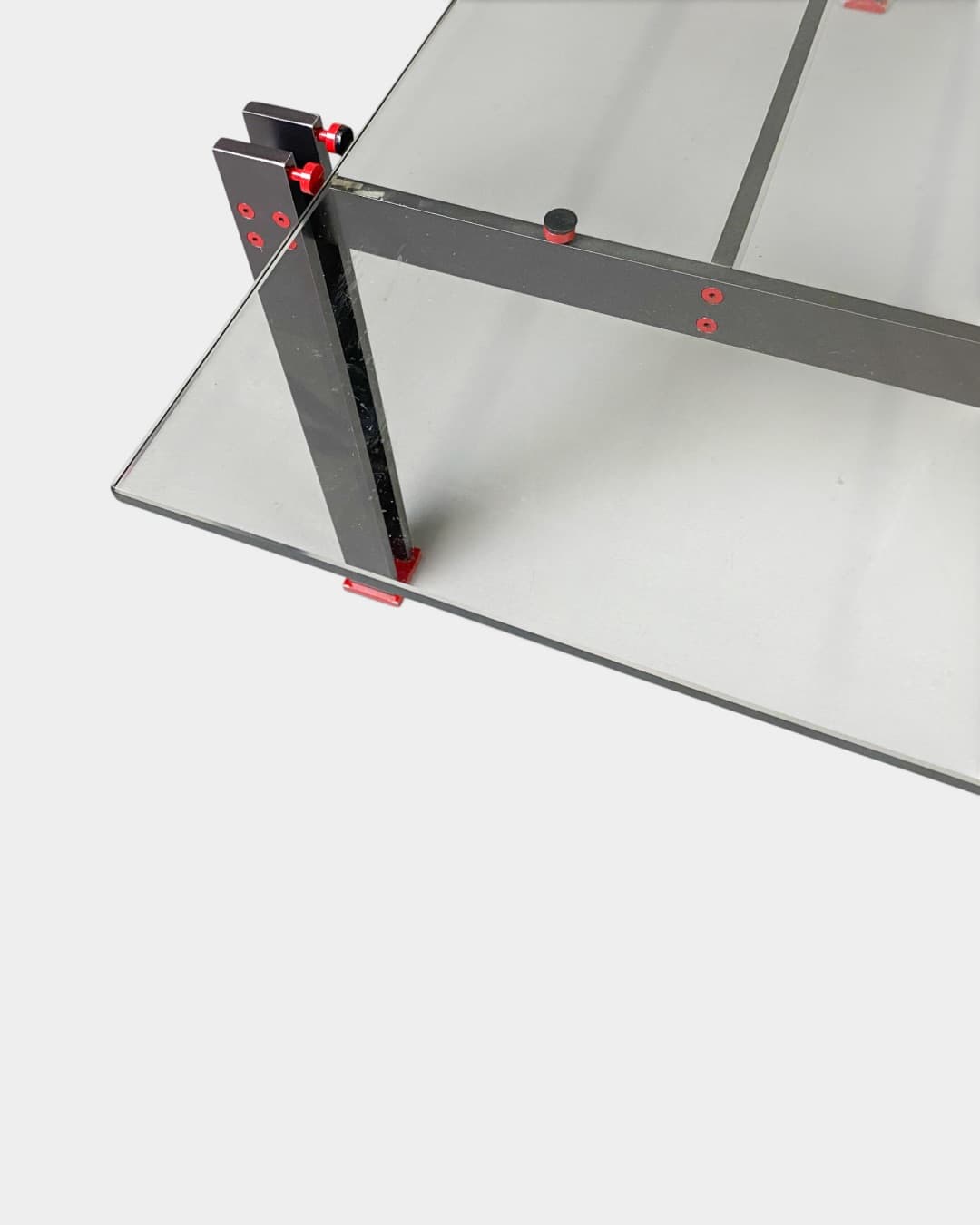 Coffee table Postmodern, transparent glass, grey red metal, Italy, 1980s. - 364418