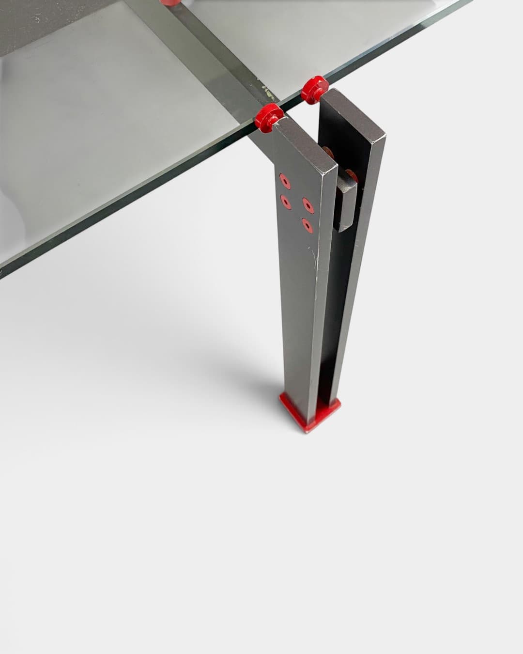 Coffee table Postmodern, transparent glass, grey red metal, Italy, 1980s. - 364420