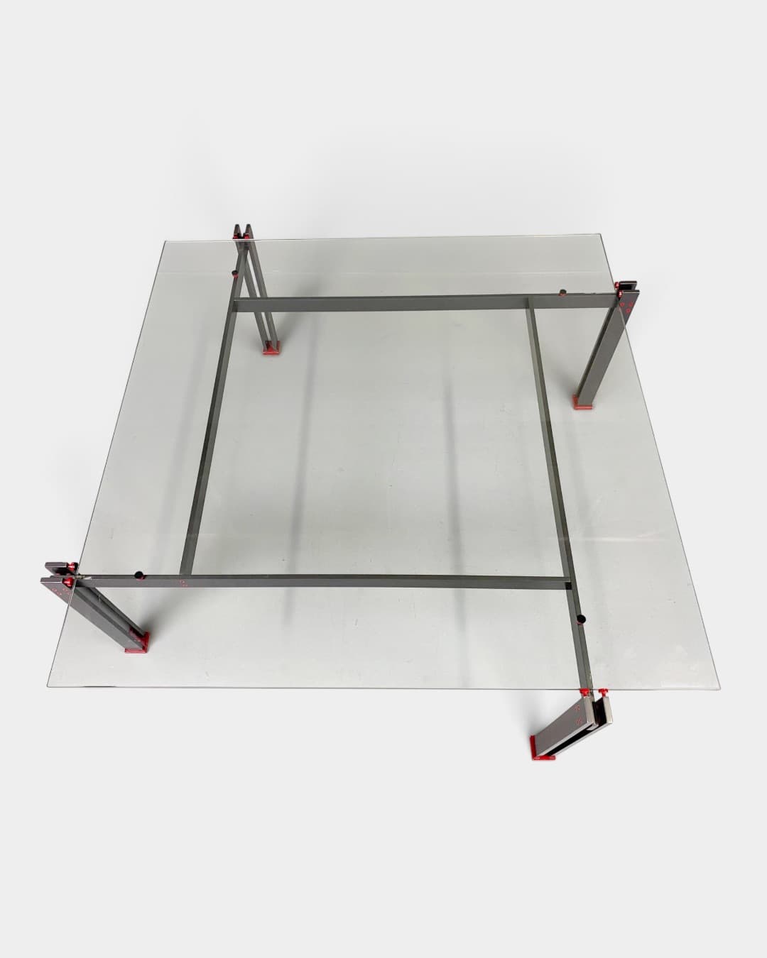 Coffee table Postmodern, transparent glass, grey red metal, Italy, 1980s. - 364419