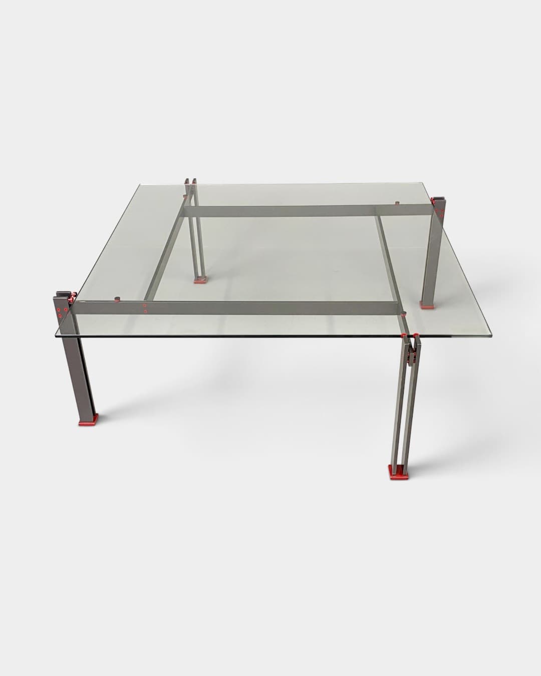 Coffee table Postmodern, transparent glass, grey red metal, Italy, 1980s. - 364421