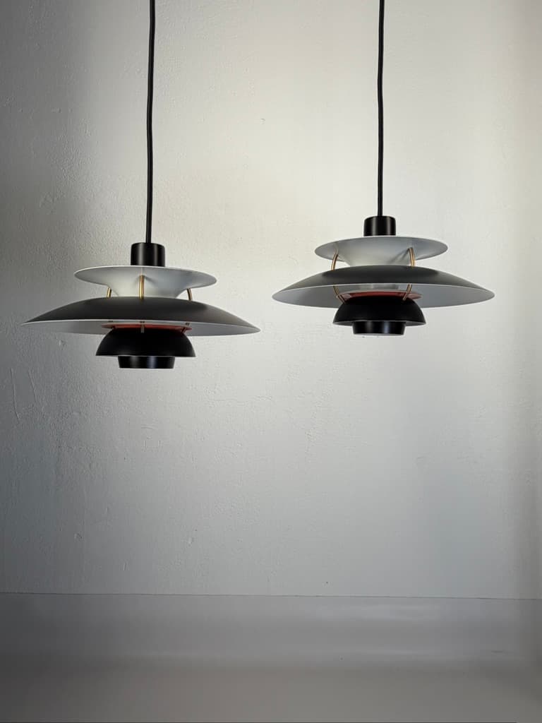 Pair of pendant lamps PH 5 Mini, black white gold red, metal, by P. Henningsen, Louis Poulsen, Denmark - 364470