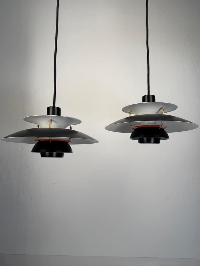 Pair of pendant lamps PH 5 Mini, black white gold red, metal, by P. Henningsen, Louis Poulsen, Denmark - 364471