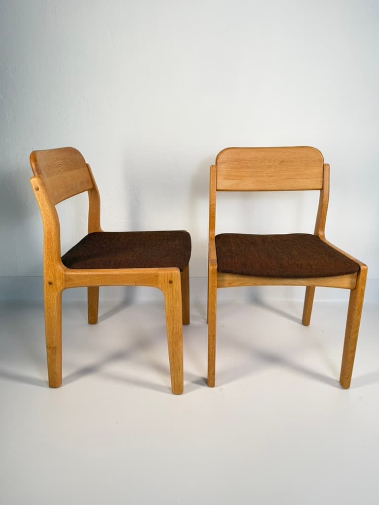 Pair of chairs, light oak, brown fabric, by H. Kjaernulf, Denmark, 1960s. - 364481