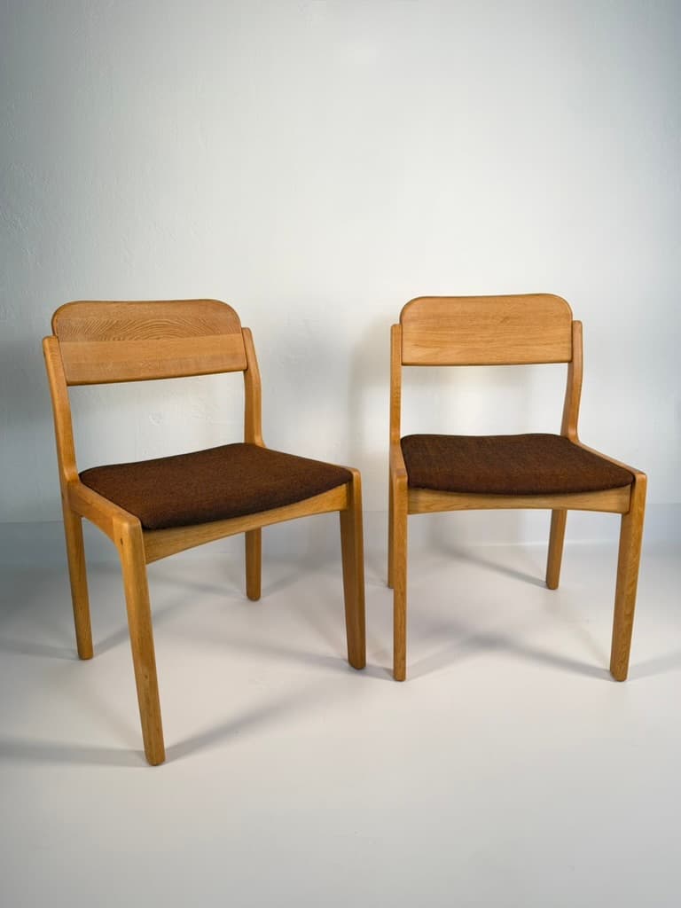 Pair of chairs, light oak, brown fabric, by H. Kjaernulf, Denmark, 1960s. - 364478