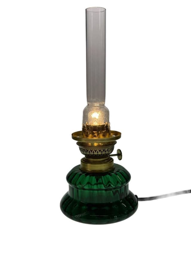 Table lamp Dagmar Mini, green glass, brass, Holmegaard, Denmark, 1970s. - DIMENSION