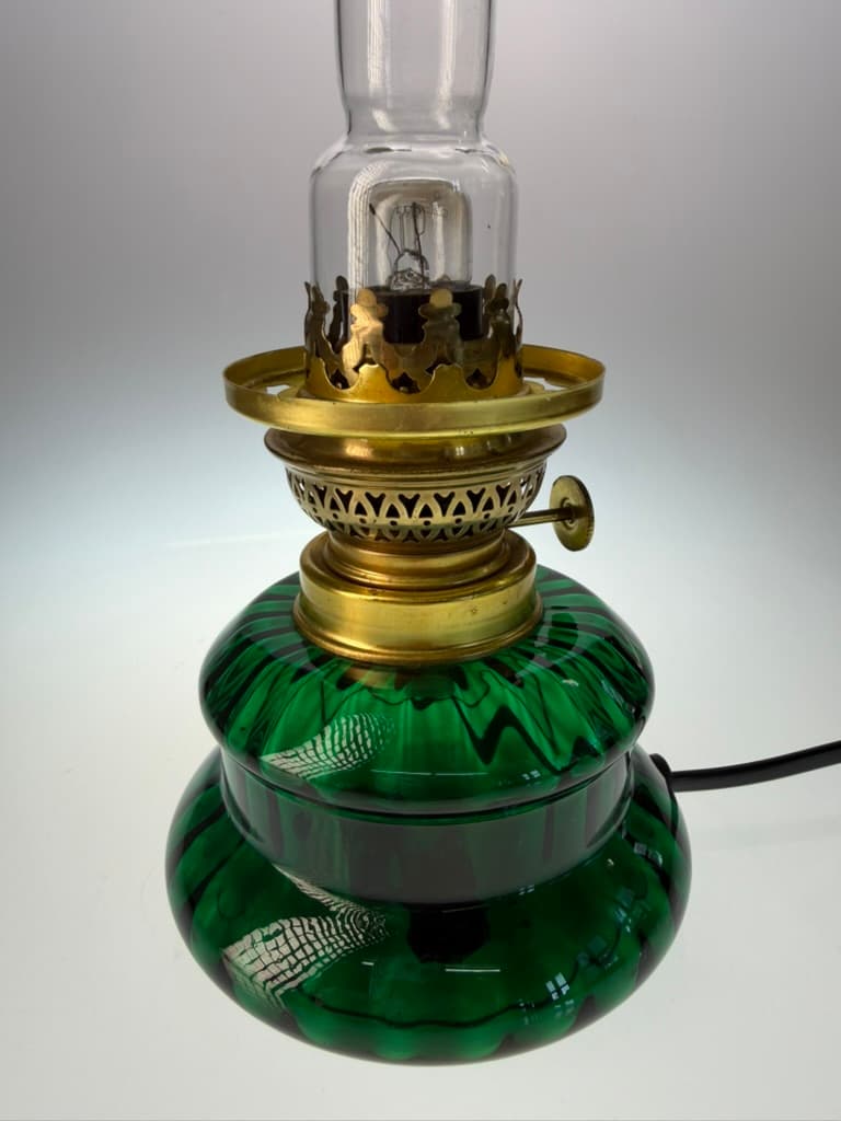 Table lamp Dagmar Mini, green glass, brass, Holmegaard, Denmark, 1970s. - 364505
