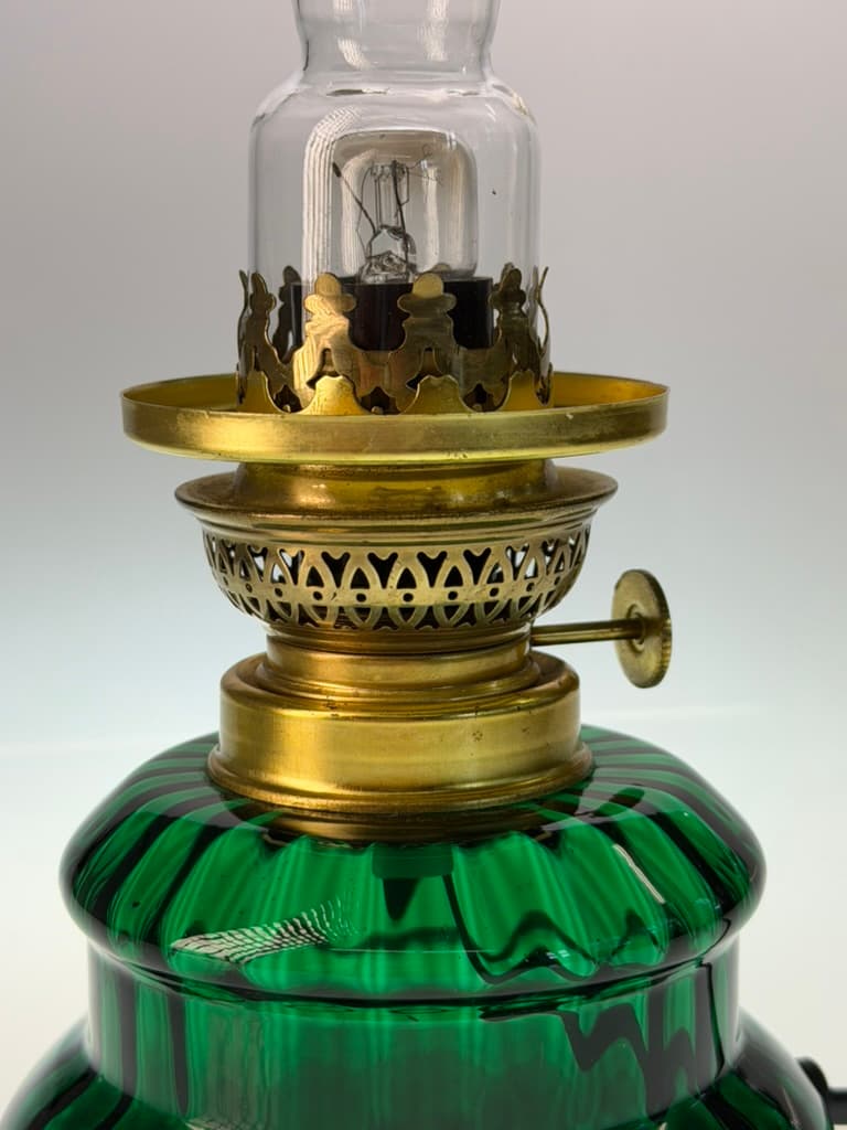 Table lamp Dagmar Mini, green glass, brass, Holmegaard, Denmark, 1970s. - 364510