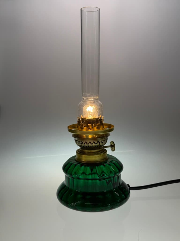 Table lamp Dagmar Mini, green glass, brass, Holmegaard, Denmark, 1970s. - 364504