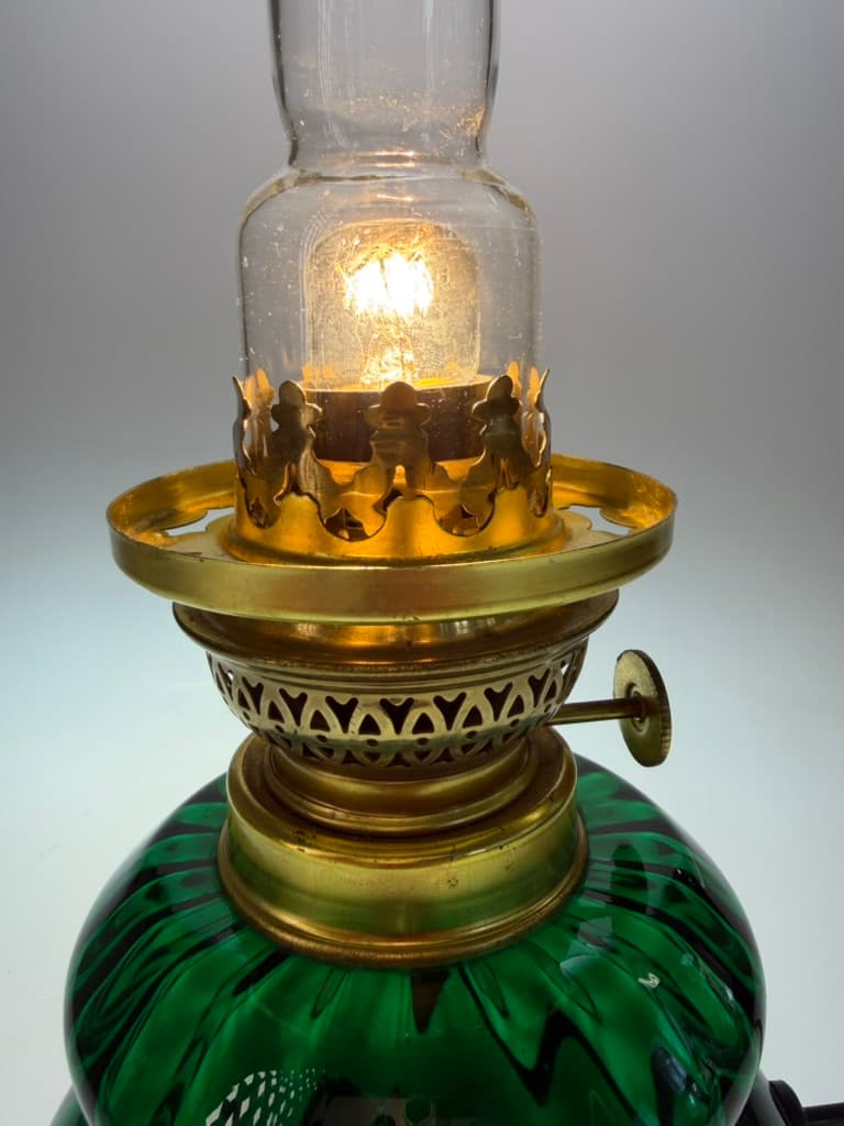 Table lamp Dagmar Mini, green glass, brass, Holmegaard, Denmark, 1970s. - 364508