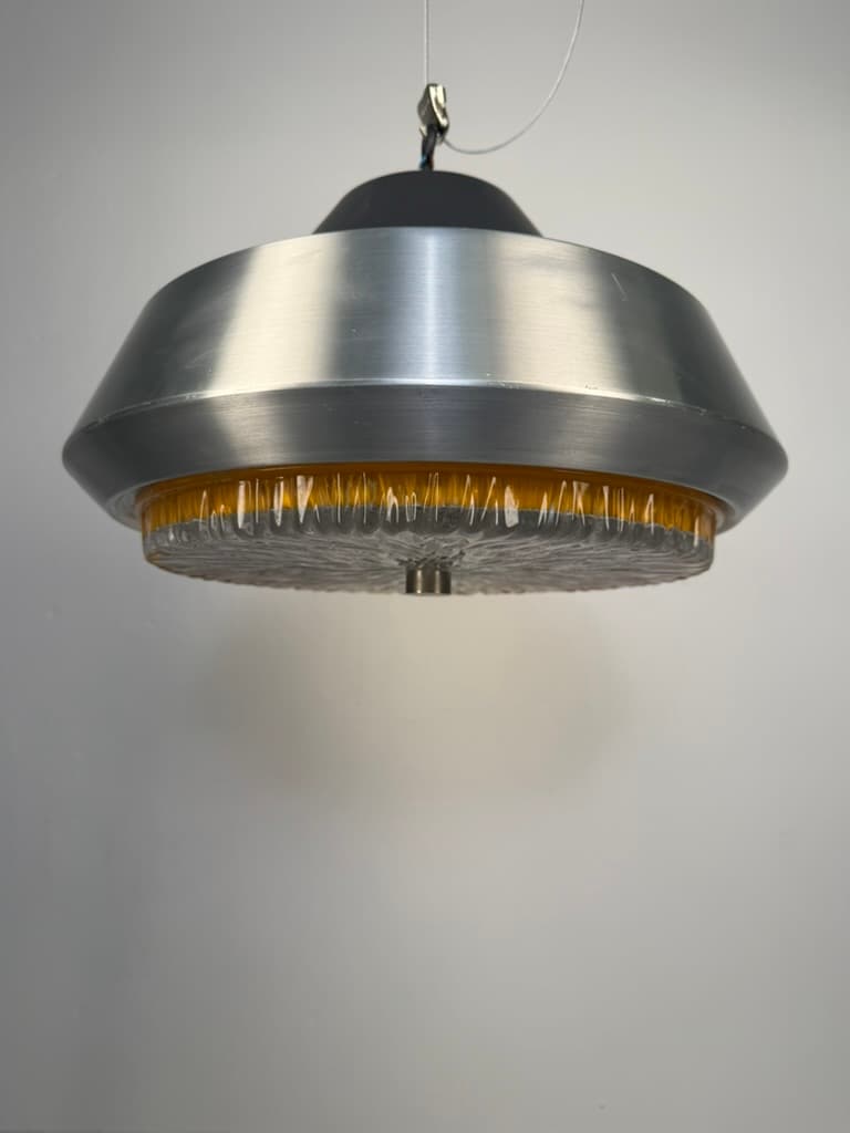 Pendant lamp Space Age, brushed silver aluminum, amber glass, Denmark, 1970s. - 364518
