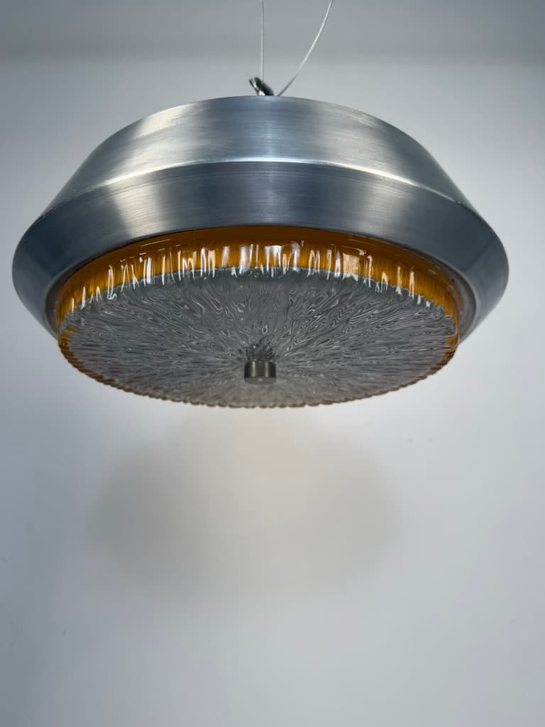 Pendant lamp Space Age, brushed silver aluminum, amber glass, Denmark, 1970s. - 364512