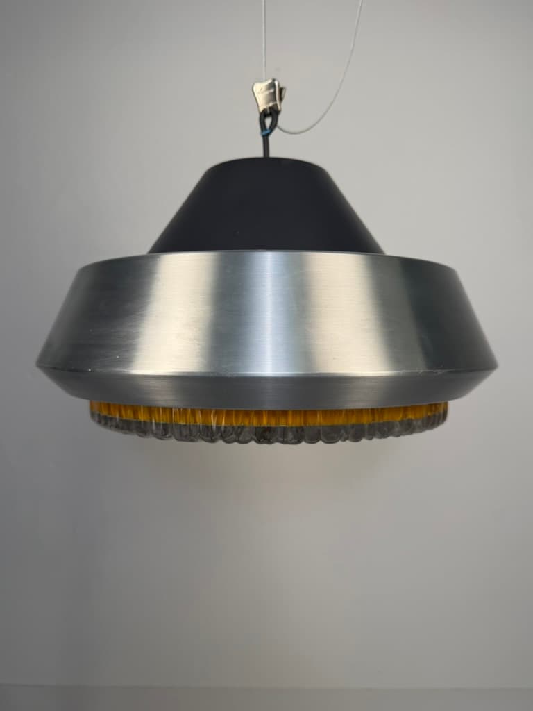 Pendant lamp Space Age, brushed silver aluminum, amber glass, Denmark, 1970s. - 364511