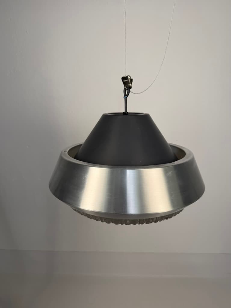 Pendant lamp Space Age, brushed silver aluminum, amber glass, Denmark, 1970s. - 364516