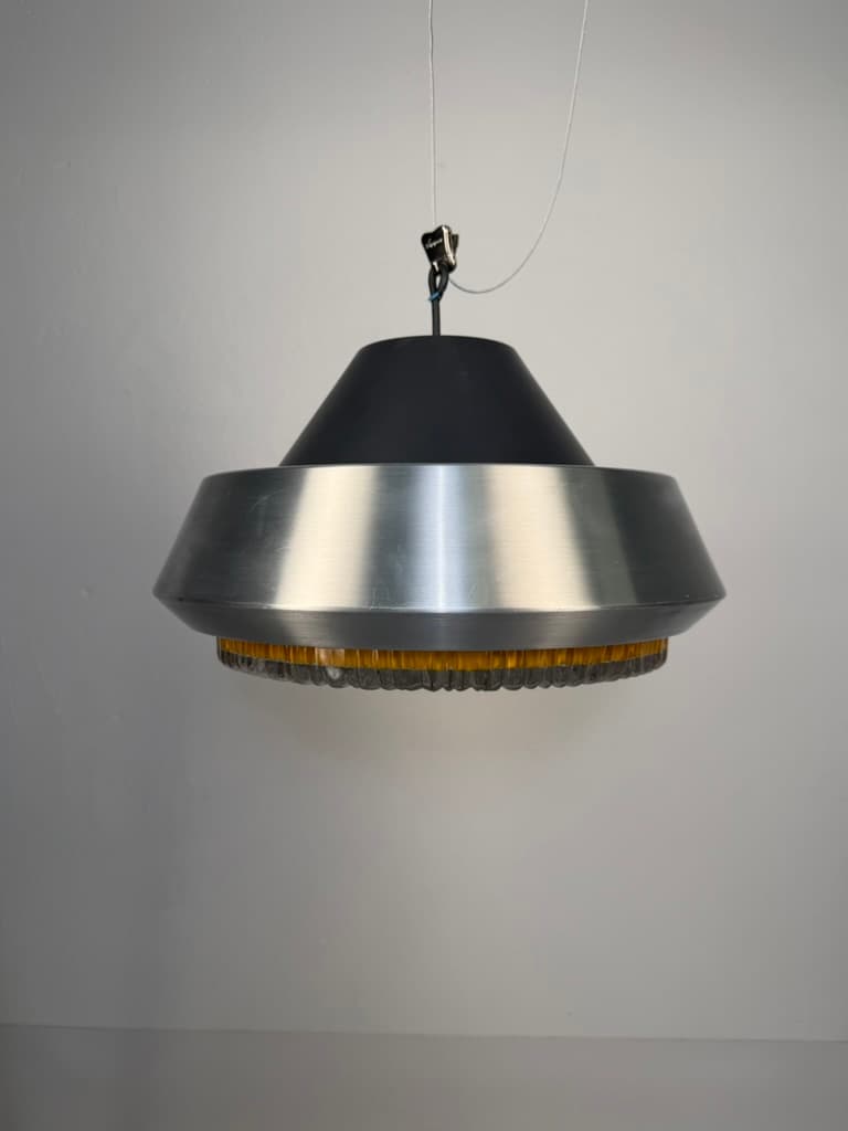 Pendant lamp Space Age, brushed silver aluminum, amber glass, Denmark, 1970s. - 364517