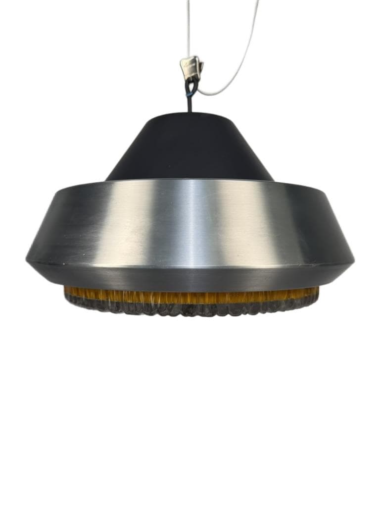 Pendant lamp Space Age, brushed silver aluminum, amber glass, Denmark, 1970s.