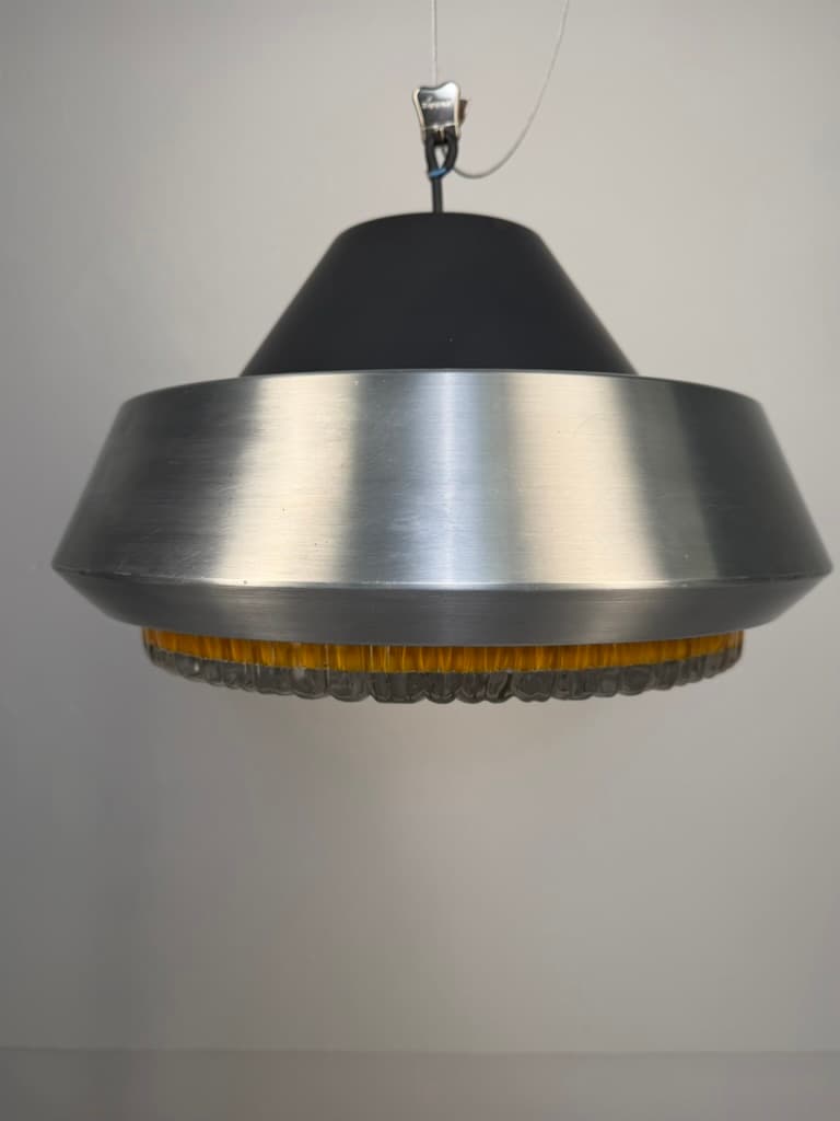 Pendant lamp Space Age, brushed silver aluminum, amber glass, Denmark, 1970s. - 364515