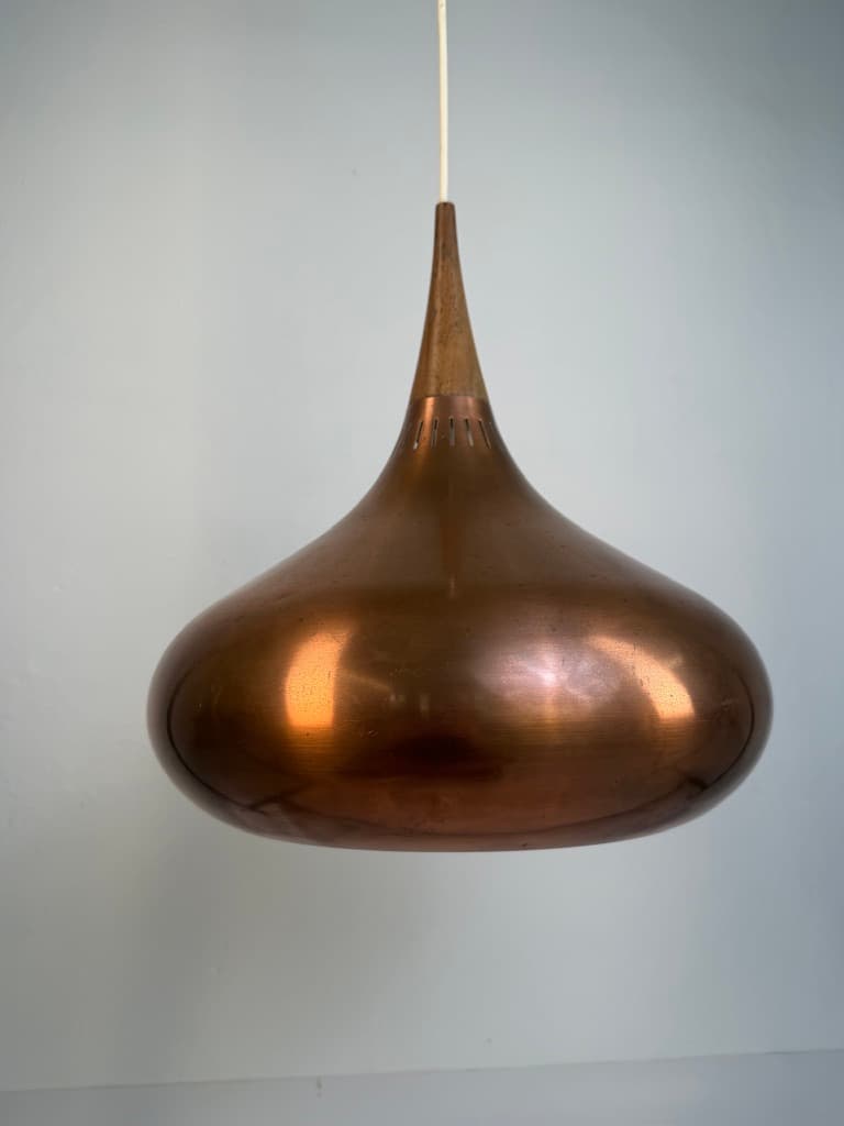 Pendant lamp Orient, brown copper, brown wood, by J. Hammerborg, Fog & Mørup, Denmark, 1960s. - 364616