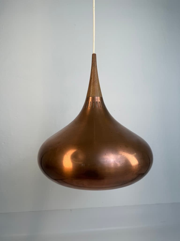 Pendant lamp Orient, brown copper, brown wood, by J. Hammerborg, Fog & Mørup, Denmark, 1960s. - 364617