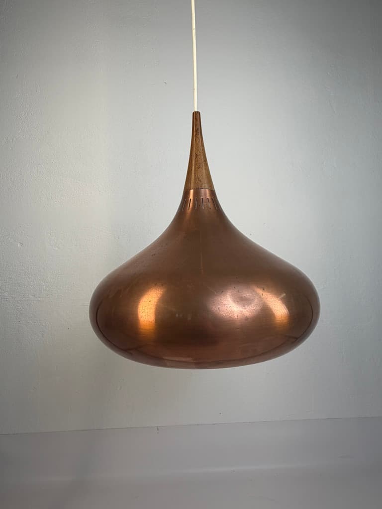 Pendant lamp Orient, brown copper, brown wood, by J. Hammerborg, Fog & Mørup, Denmark, 1960s. - 364613