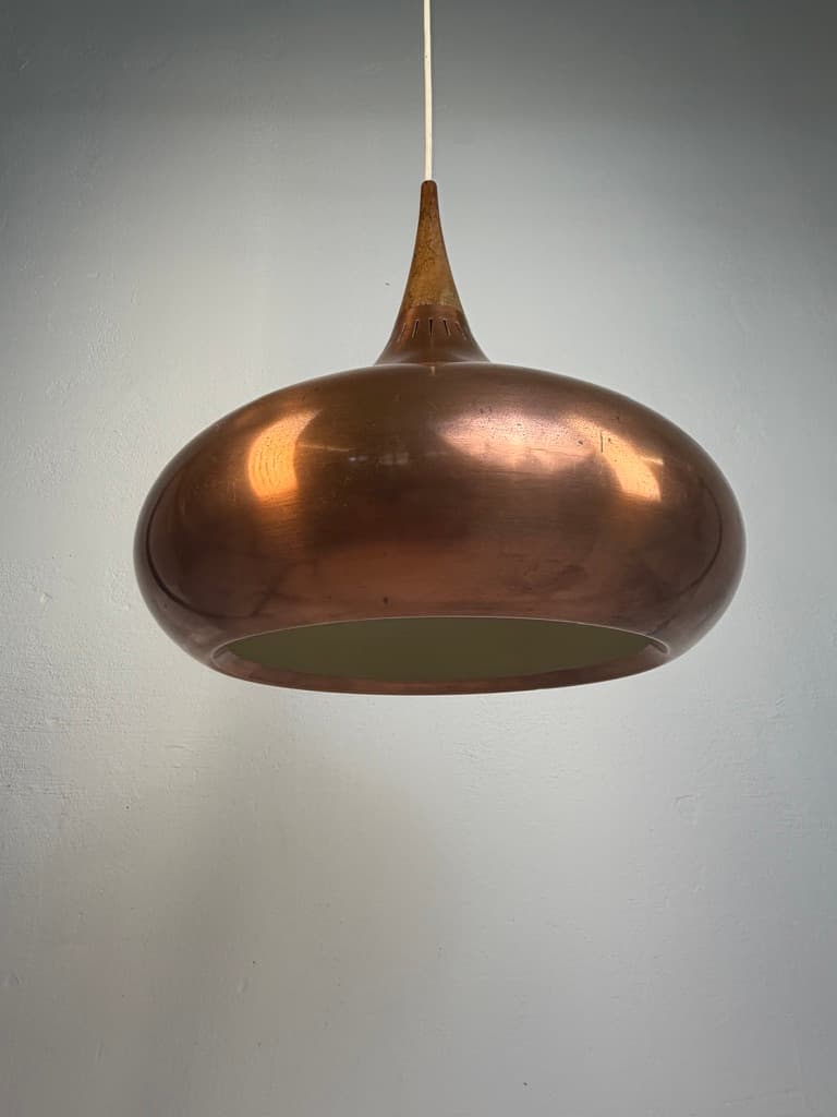 Pendant lamp Orient, brown copper, brown wood, by J. Hammerborg, Fog & Mørup, Denmark, 1960s. - 364614