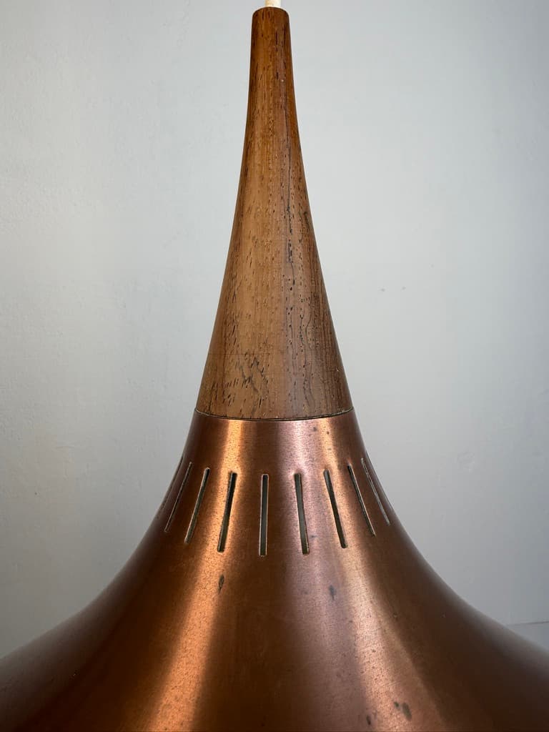 Pendant lamp Orient, brown copper, brown wood, by J. Hammerborg, Fog & Mørup, Denmark, 1960s. - 364623