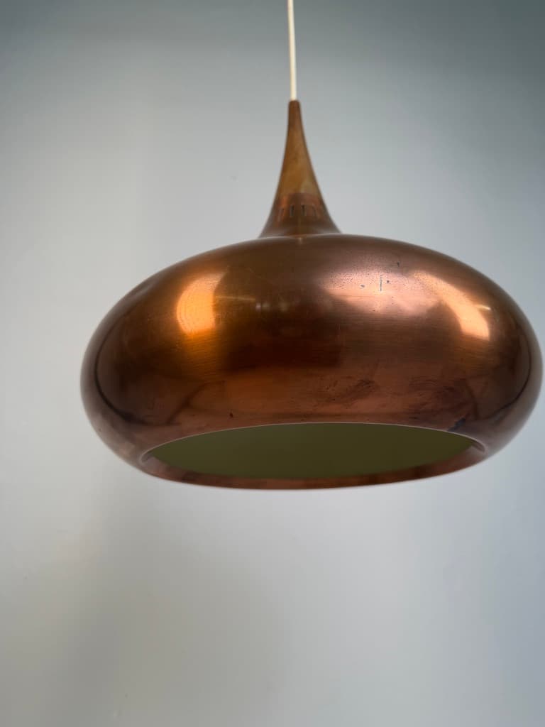Pendant lamp Orient, brown copper, brown wood, by J. Hammerborg, Fog & Mørup, Denmark, 1960s. - 364618