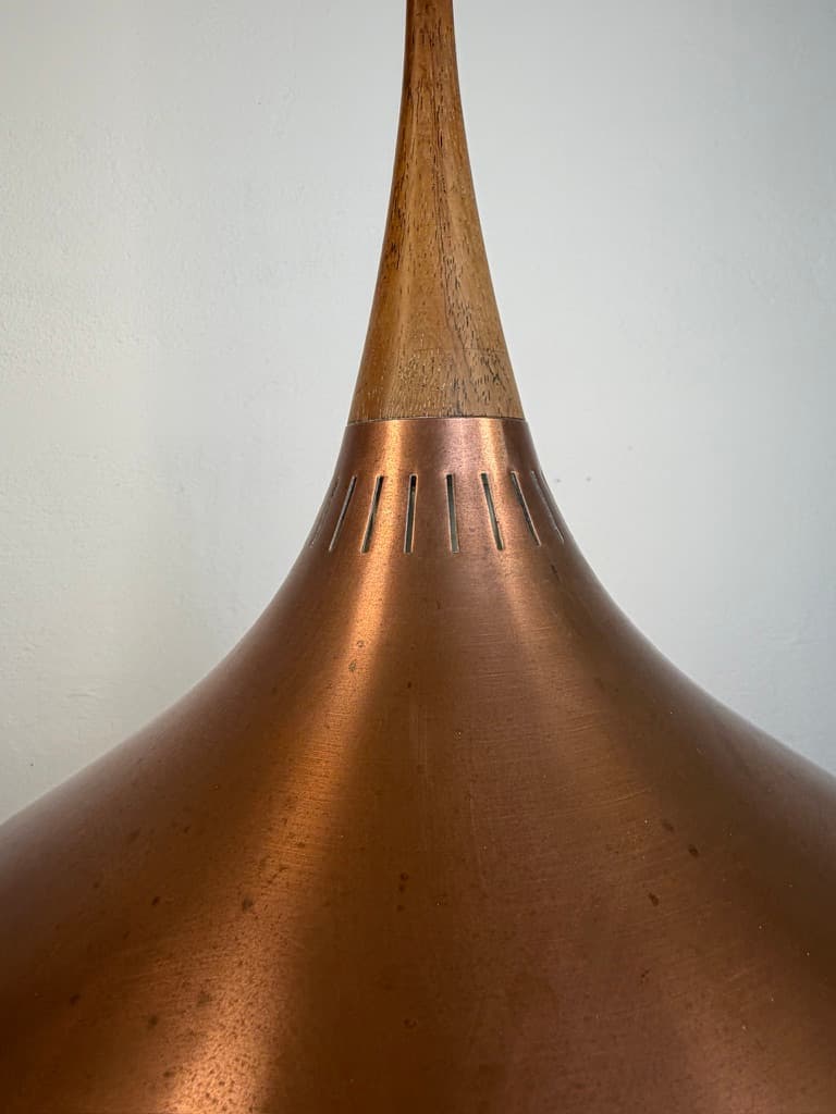 Pendant lamp Orient, brown copper, brown wood, by J. Hammerborg, Fog & Mørup, Denmark, 1960s. - 364615
