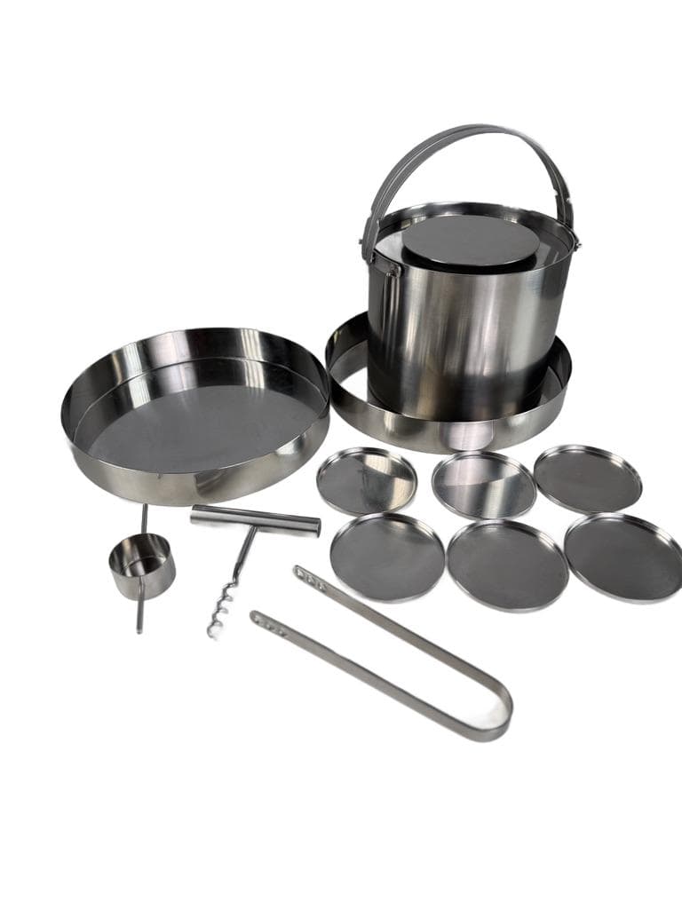 Bar set Cylinda-Line, silver stainless steel, by A. Jacobsen, Denmark, 1960s.