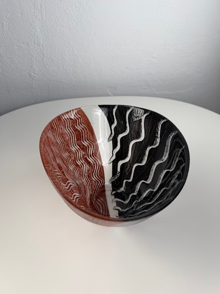 Decorative bowl, red black white silver glass, Sweden, 1990s. - 364666
