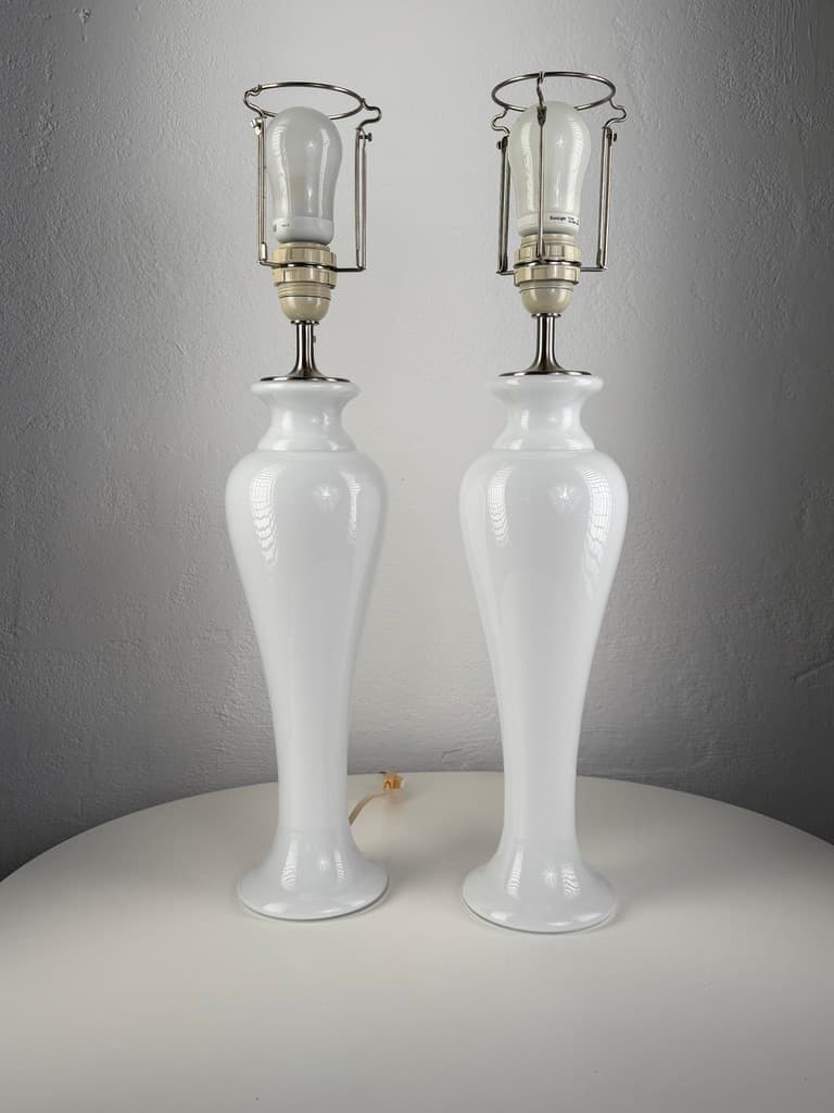 Pair of table lamps Napoli, white glass, silver metal, Holmegaard, Denmark, early 20th century. - 364693