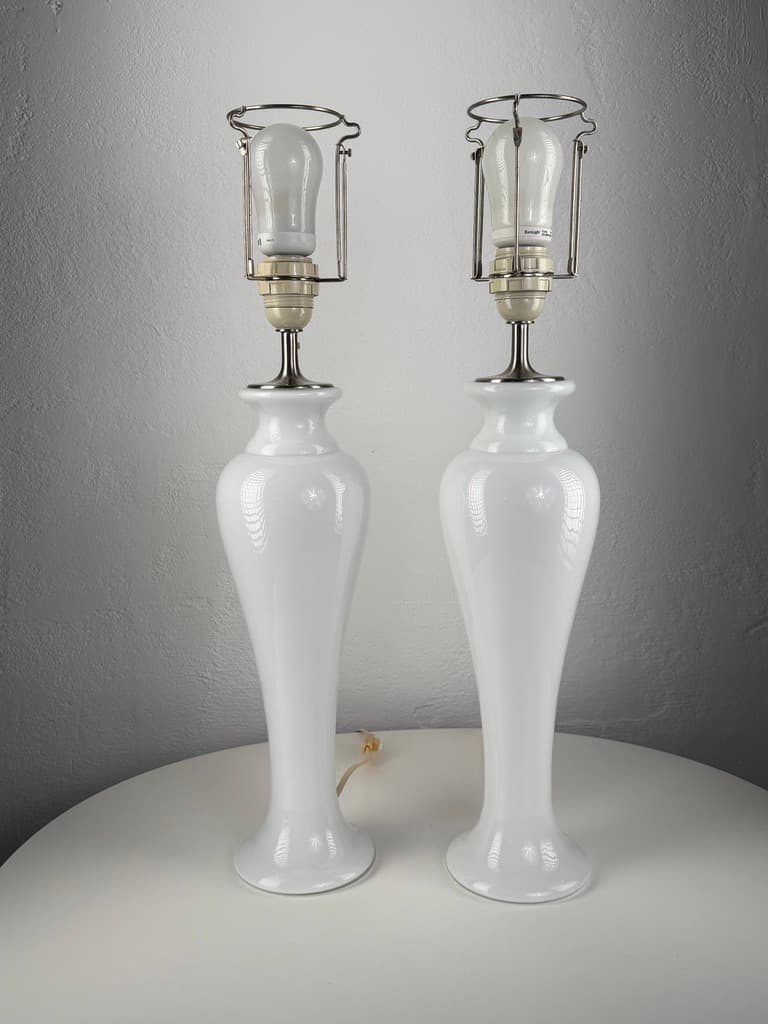 Pair of table lamps Napoli, white glass, silver metal, Holmegaard, Denmark, early 20th century. - 364691