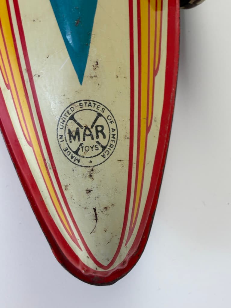 Racing car Boat Tail Racer, beige red blue yellow black white, metal, United States, 1930s. - 364702