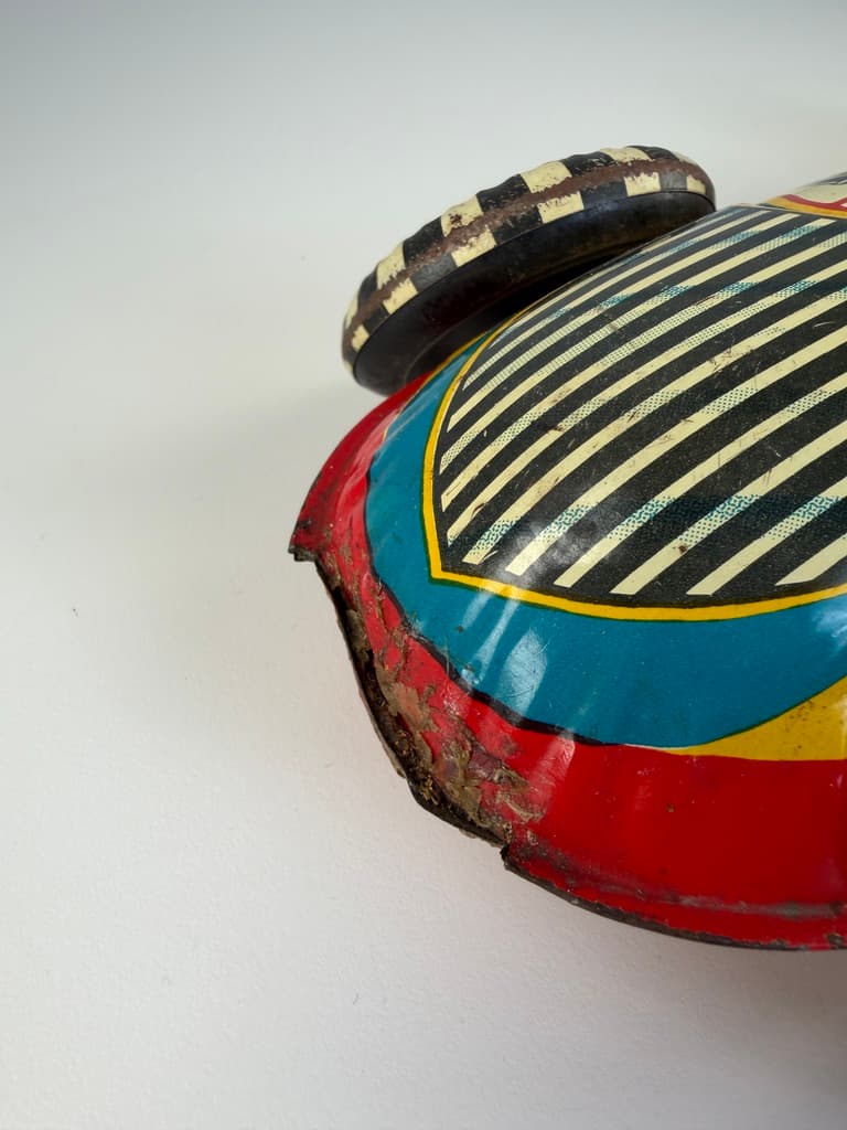 Racing car Boat Tail Racer, beige red blue yellow black white, metal, United States, 1930s. - 364697