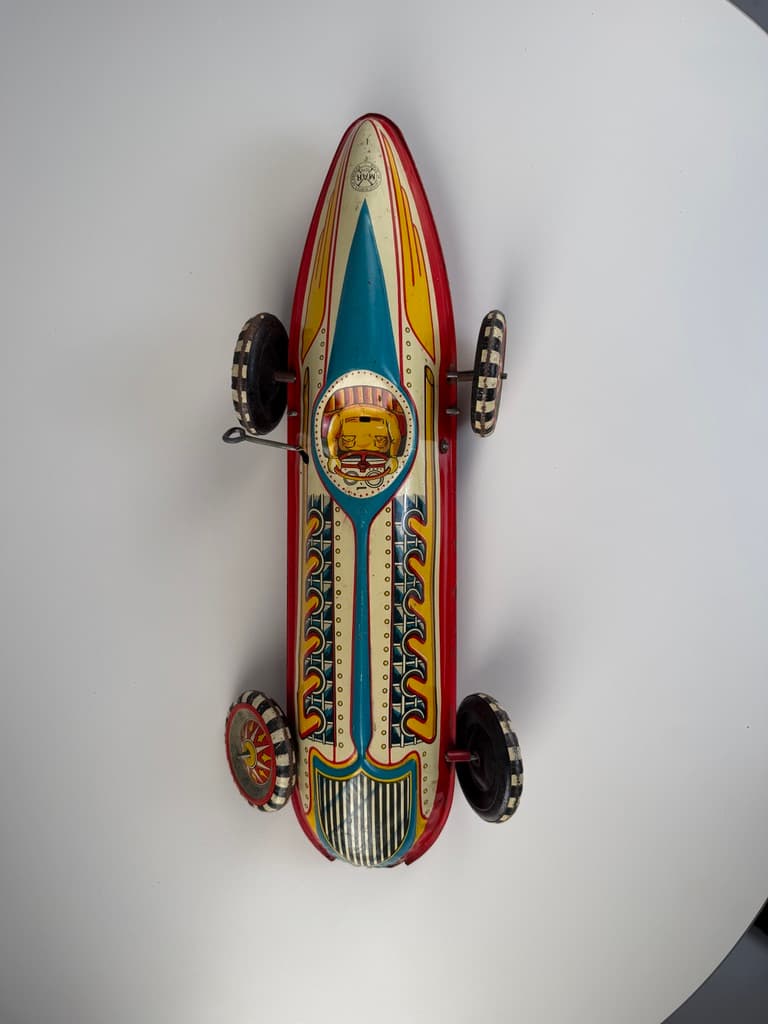 Racing car Boat Tail Racer, beige red blue yellow black white, metal, United States, 1930s. - 364700