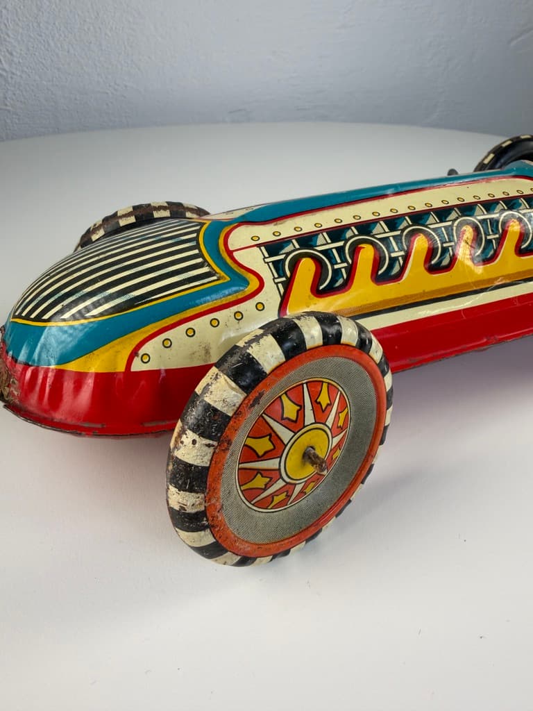 Racing car Boat Tail Racer, beige red blue yellow black white, metal, United States, 1930s. - 364705