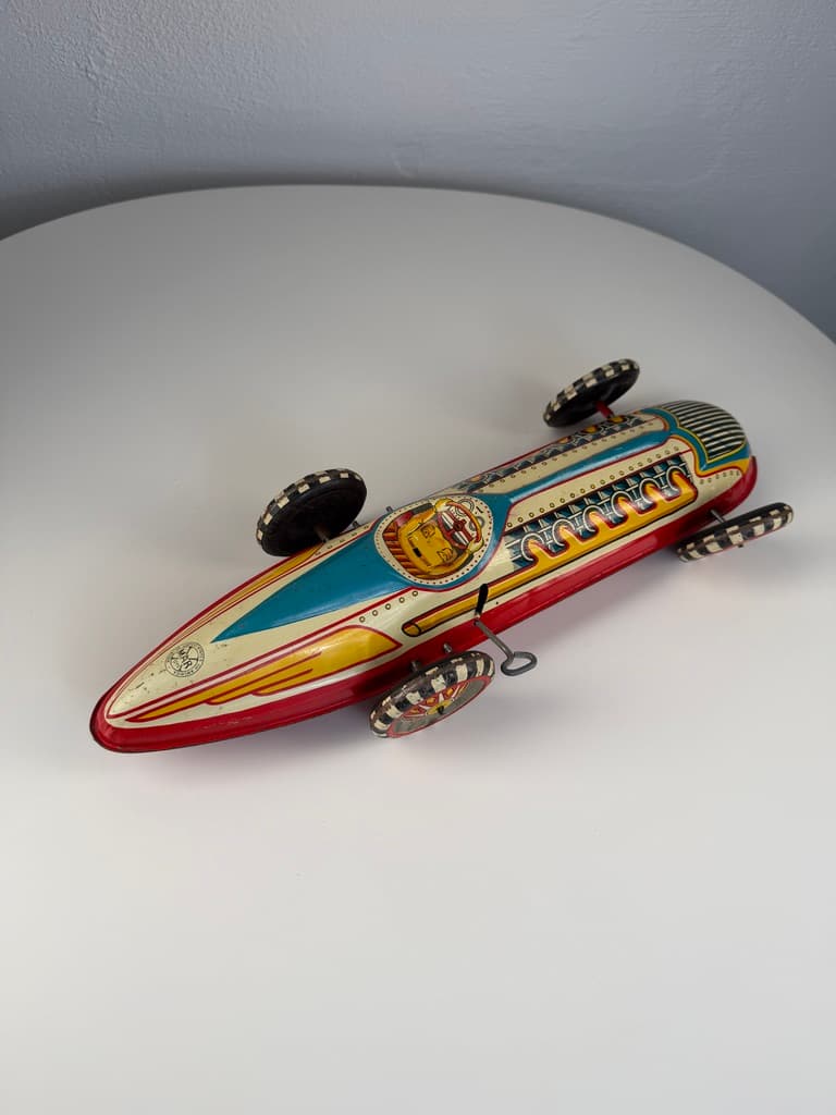 Racing car Boat Tail Racer, beige red blue yellow black white, metal, United States, 1930s. - 364701
