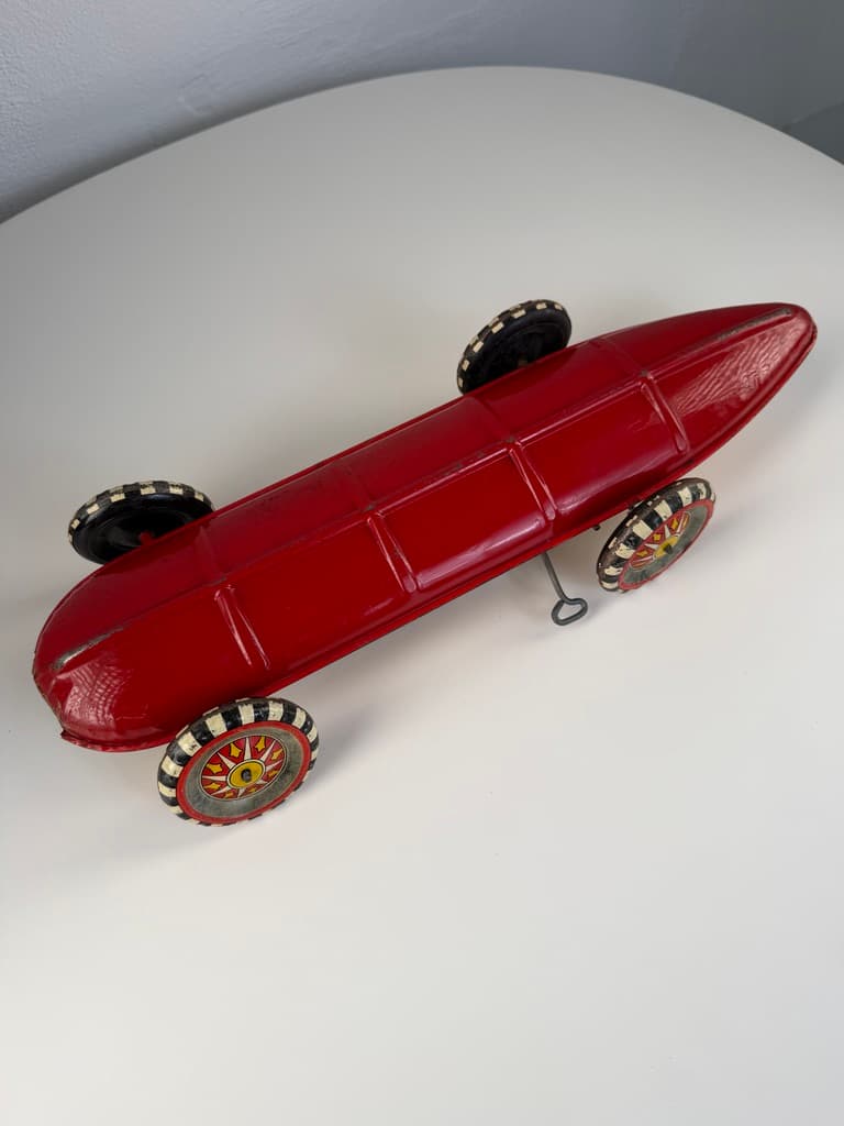 Racing car Boat Tail Racer, beige red blue yellow black white, metal, United States, 1930s. - 364698