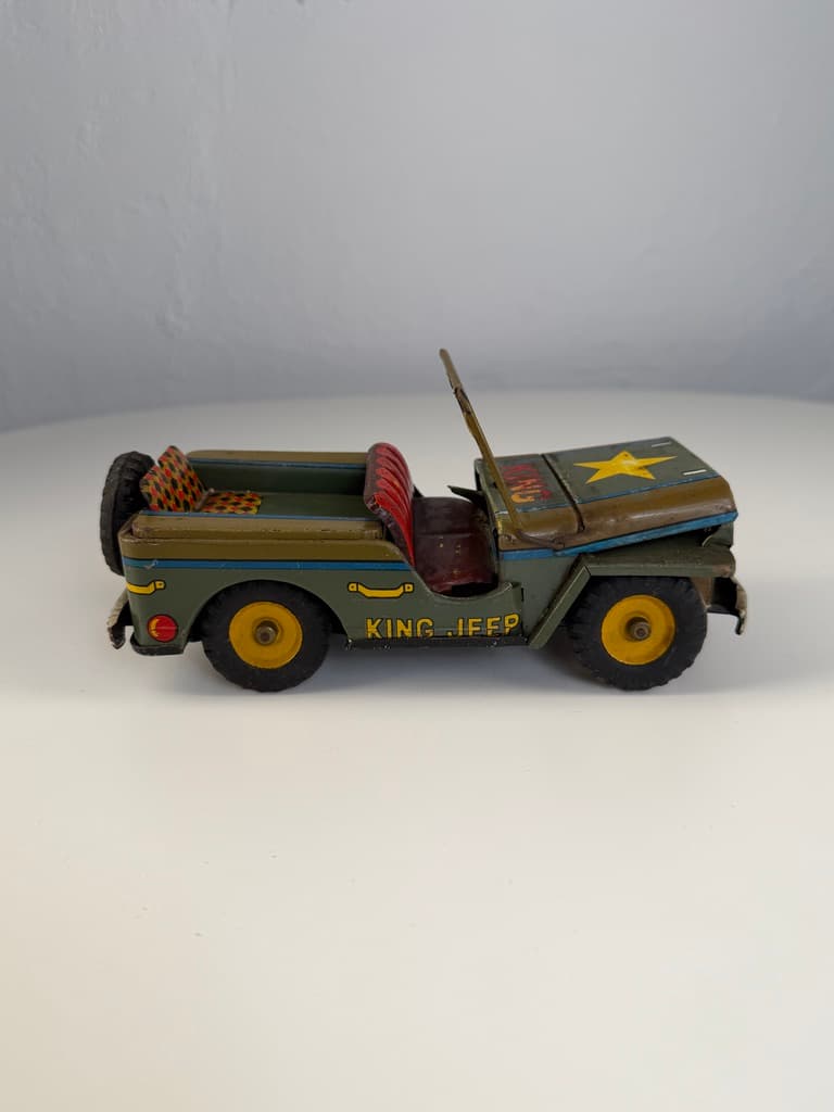 Toy King Jeep Willys WWII Military, green yellow red black silver blue, metal, Japan, 1960s. - 364707