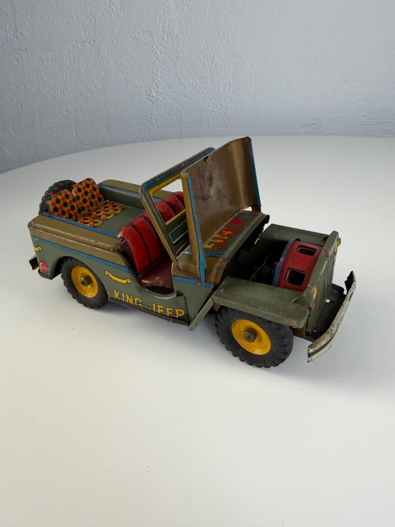 Toy King Jeep Willys WWII Military, green yellow red black silver blue, metal, Japan, 1960s. - 364710