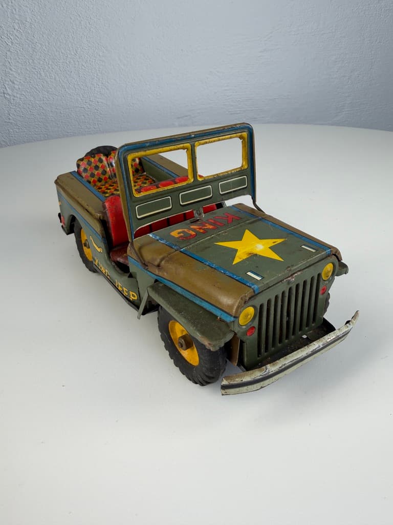 Toy King Jeep Willys WWII Military, green yellow red black silver blue, metal, Japan, 1960s. - 364713