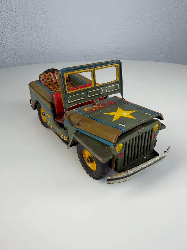 Toy King Jeep Willys WWII Military, green yellow red black silver blue, metal, Japan, 1960s. - 364712