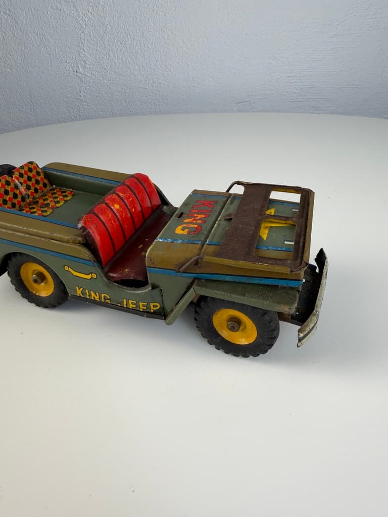 Toy King Jeep Willys WWII Military, green yellow red black silver blue, metal, Japan, 1960s. - 364709